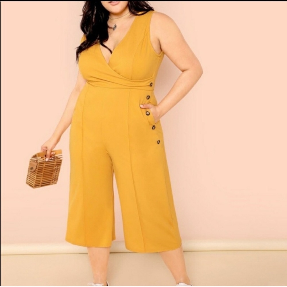 Plus Surplice Neck Button Detail Shell Jumpsuit
